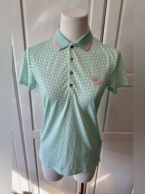 RLX Ralph Lauren Women’s Golf Mint Geometric Polo with Pink Collar Trim Size:XS
